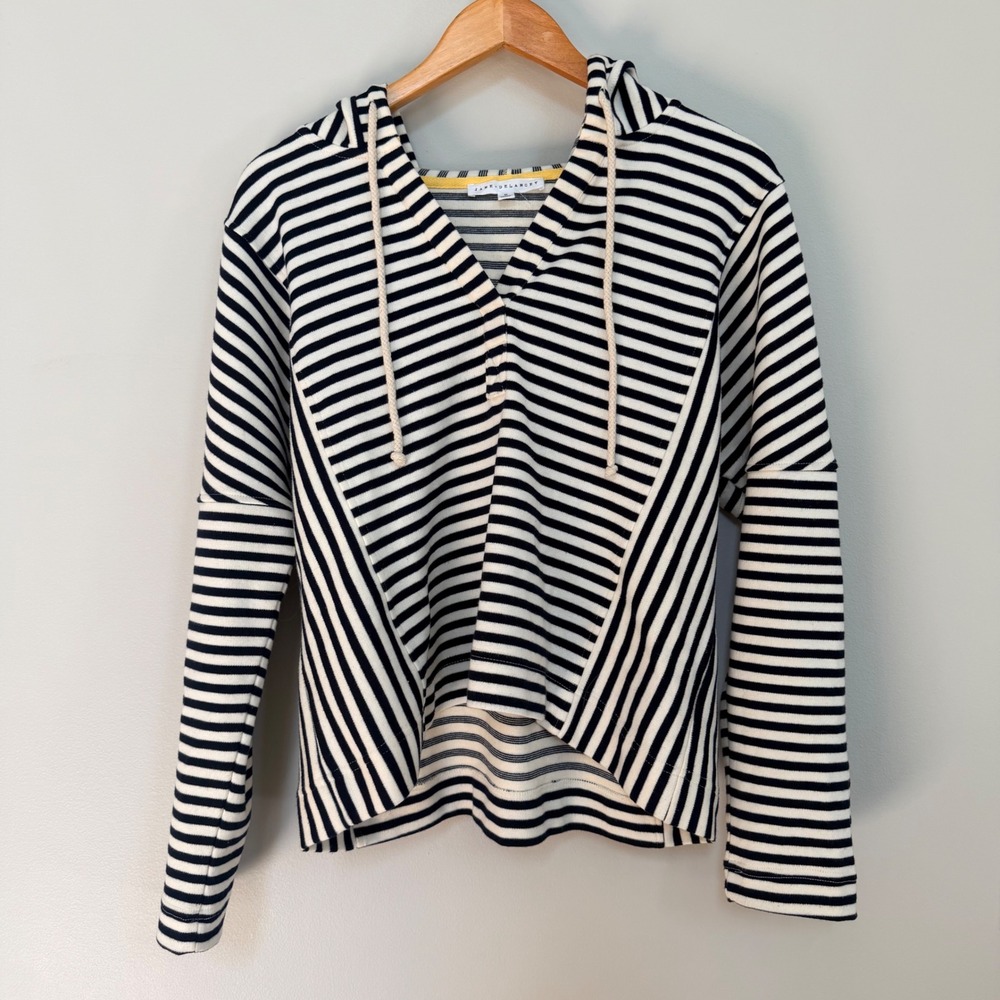 Fisherman Knit Womens Nautical Hoodie Size M Cotton Pullover Navy White Stripe